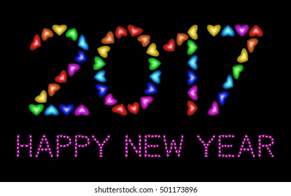 New Year 2017 numbers made from multicolored hearts isolated black background. Rainbow greeting card. Happy holidays colorful design for banner, posters, flyers, calendar, invitation, brochure. Vector