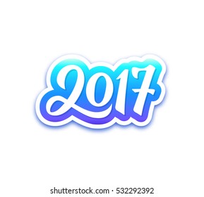 New Year 2017 paper label with calligraphic number isolated on white background. Vector greeting card design template for winter holidays.
