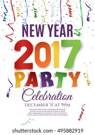 New Year 2017 party poster template with confetti and colorful ribbons on white background. Vector illustration.