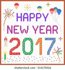 New year 2017 pixel message - 2017 New year message with balloons and fireworks. Square pixels of various colors have been used.