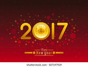 New Year 2017 placard banner template design, vector illustration. Golden numbers decoration, clock, retro text lettering. Isolated on dark red