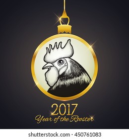 New Year 2017 postcard design, hand drawn rooster symbol in gold christmas ball, greeting card, banner, vector illustration
