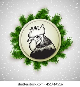 New Year 2017 postcard design, hand drawn rooster symbol surrounded by christmas tree fir branches, greeting card, banner, vector illustration
