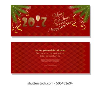 New Year 2017. Red abstract vector christmassy backgrounds with fir branches, ribbons, bows and jingle bells. Merry Christmas and a Happy New Year. Christmas greeting card