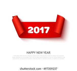 New year 2017 red realistic curved paper ribbon scroll banner isolated on white background. Vector illustration, detailed roll paper ribbon for web advertising, promo, sale