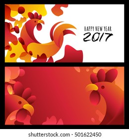 New Year 2017. Set of vector greeting card, poster, banner with red rooster symbol. Chinese calendar abstract decoration. Red cock illustration, new year design elements and backgrounds.