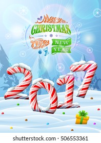New Year 2017 in shape of candy stick in snow. Winter landscape with lollipops, gift box and congratulation