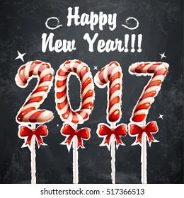 New Year 2017 in shape of candy stick.  Year number as striped holiday candies. Vector design element for christmas, new years day, sweet-stuff, winter holiday, new years eve, food