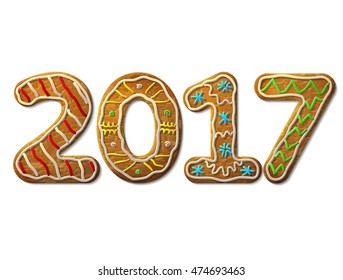 New Year 2017 in shape of gingerbread isolated on white. Year number as cookies