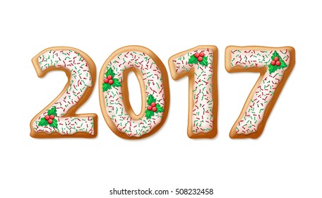 New Year 2017 in shape of gingerbread number as cookies. Vector illustration EPS10