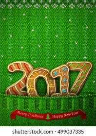 New Year 2017 in shape of gingerbreads in knitted pocket. Jumper fragment with year number like cookies