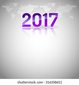 New year 2017. Simple purple numbers on the gray background with world symbols. Vector design elements.