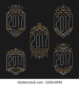 New Year 2017 text. Art deco frames in outline style. Badges in golden and white colors.