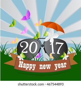 New year 2017 text design with glasses, Flat design vector illustration