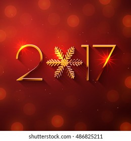 New Year 2017 text design. Vector greeting illustration with golden numbers and snowflake