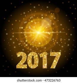 New Year 2017 text gold color, bright light, background realistic golden light. Efect glow lens modern design. Abstract vector illustration