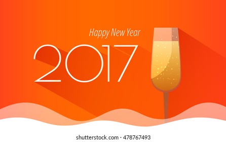 New Year 2017 vector greeting card. Champagne glass on orange background.