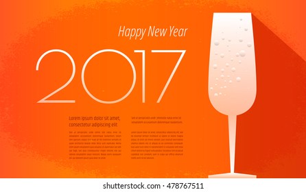 New Year 2017 vector greeting card. Champagne glass on orange background. Vector illustration has enough copy space for your text.
