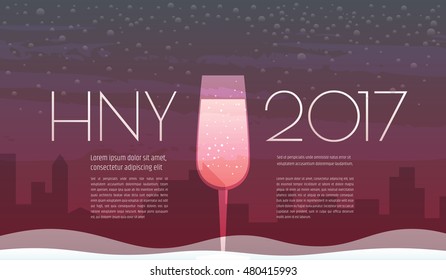 New Year 2017 vector greeting card. Champagne glass on a city landscape background. Vector illustration has enough copy space for your text.