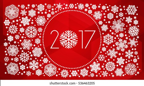 New year 2017 vector illustration with white snowflakes on red background. Greeting card, winter holiday banner