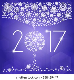 New year 2017 vector illustration with white snowflakes on violet background, winter holiday banner