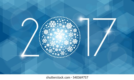 New year 2017 vector illustration with white snowflakes on blue background, winter holiday banner