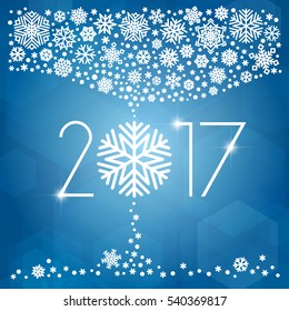 New year 2017 vector illustration with white snowflakes on dark blue background, winter holiday banner