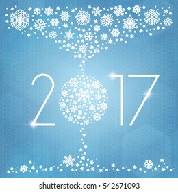 New year 2017 vector illustration with white snowflakes on light blue background