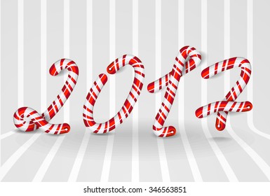 New Year 2017. Vector year number striped in Christmas colours as volume striped holiday candies on neutral striped background