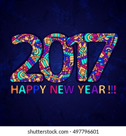 New Year 2017 year wallpaper. Happy New Year poster. Abstract doodles ornament greeting card. Grunge holiday background. Vector image for web design, printed products or calendars.