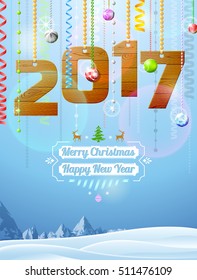 New Year 2017 of wood like christmas decoration. Winter landscape with holiday congratulation