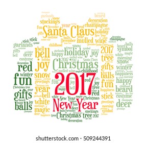 New Year 2017 word cloud concept in shape of present box on white background. Vector.