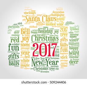 New Year 2017 word cloud concept in shape of present box on gradient background. Vector.