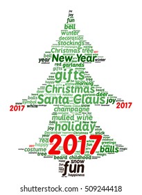 New Year 2017 word cloud concept in shape of Christmas tree on white background. Vector.