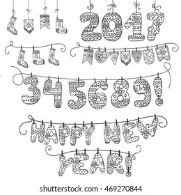 New year 2017.Christmas Linear doodle garland of knitted numbers,letters,socks.Hand draw style.For Design template,card,invitation,advertising,banner,calendar.Vintage vector illustration.Chalkboard