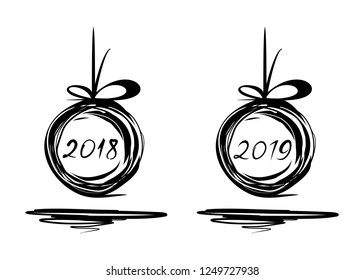 New Year 2018 and 2019. Christmas doodle design set. Sloppily painted Christmas ball on a white background. Vector illustration