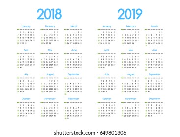 New year 2018 and 2019 vector calendar modern simple design with round san serif font,Holiday event planner,Week Starts Sunday