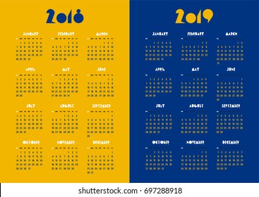 New year 2018 and 2019 vector calendar modern simple vivid color yellow and navy blue design with modern font,Holiday event planner,Week Starts Sunday