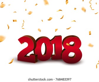 New Year 2018 3d numbers background with confetti. 2018 holiday celebration card golden confetti on white.