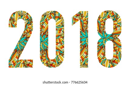 New year 2018 abstract colored digital, hand drawn doodle vector.