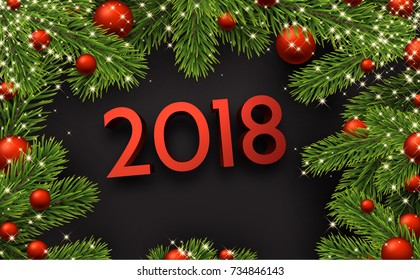 New Year 2018 background with spruce branches and Christmas balls. Vector illustration.