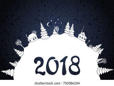 New year 2018 background with white silhouettes of winter countryside landscape: firs, trees, houses, bushes, snowdrifts, moon and stars. Vector illustration.