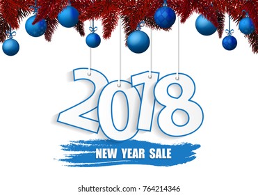 New Year 2018 banner with blue Christmas balls. Vector illustration