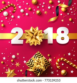 New Year 2018 banner with Golden ribbon bows and christmas decoration elements.Vector illustration EPS10