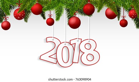 New Year 2018 banner with red Christmas balls. Vector illustration