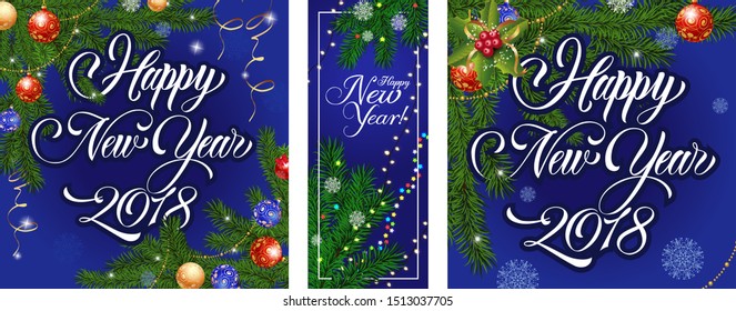 New Year 2018 banner set on blue ground. Decorative design can be used for invitations, post cards, announcements