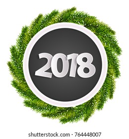 New Year 2018 black greeting card concept with christmas tree branches isolated. Vector illustration