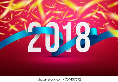 New Year 2018 with blue ribbon on the Red background and Golden Confetti Flying on Top .Vector illustration EPS10