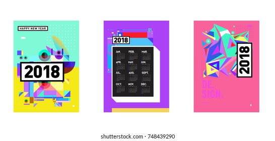 New Year 2018 Calendar Cover Template. Set of Calendar and Poster with Colorful Memphis Style background.