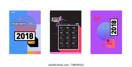 New Year 2018 Calendar Cover Template. Set of Calendar and Poster with Colorful Memphis Style background.